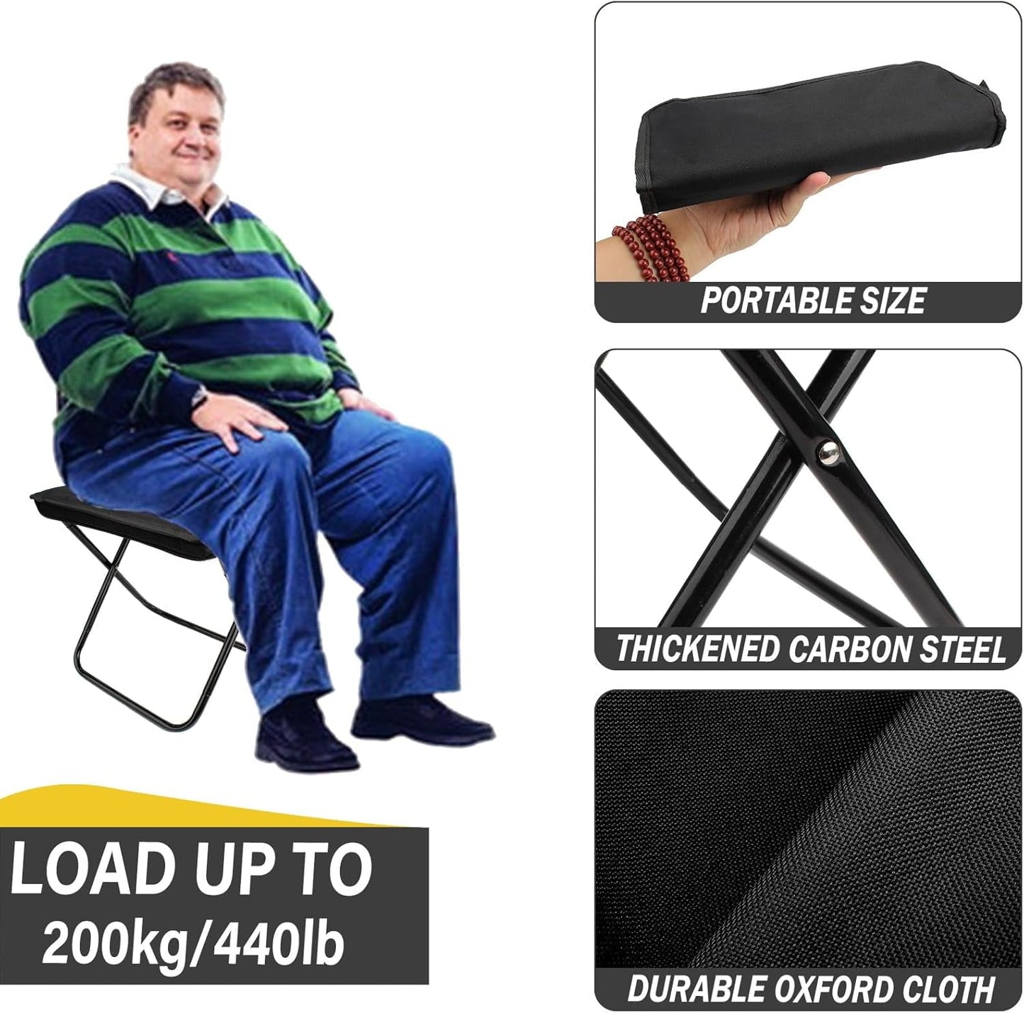 Camping Stool, Portable Folding Stool, Aluminum Ultralight Backpacking Stool Suitable for Fishing, Hiking, BBQ, Outdoor Events (Black)