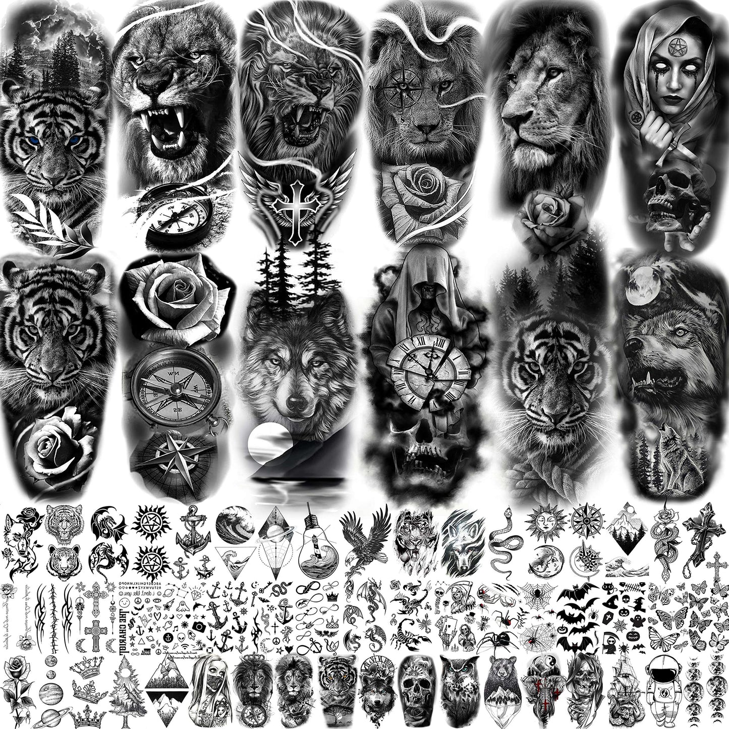COKTAK 64 Sheets Large Black Arm Temporary Tattoos For Men Forearm Women Thigh, Half Sleeve Animals Lion Tiger Wolf Temp Tattoo Stickers Adults, Death Skull Compass Flower Fake Tattoos That Look Real