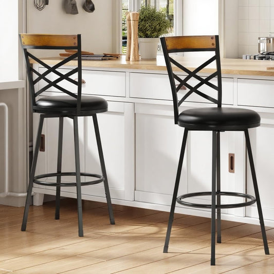 BOSHIRO Swivel Bar Stools Set of 2, 24–29” Adjustable Height Leather Kitchen Counter Chairs, 360° Rotation, Antique Bronze Frame, Black