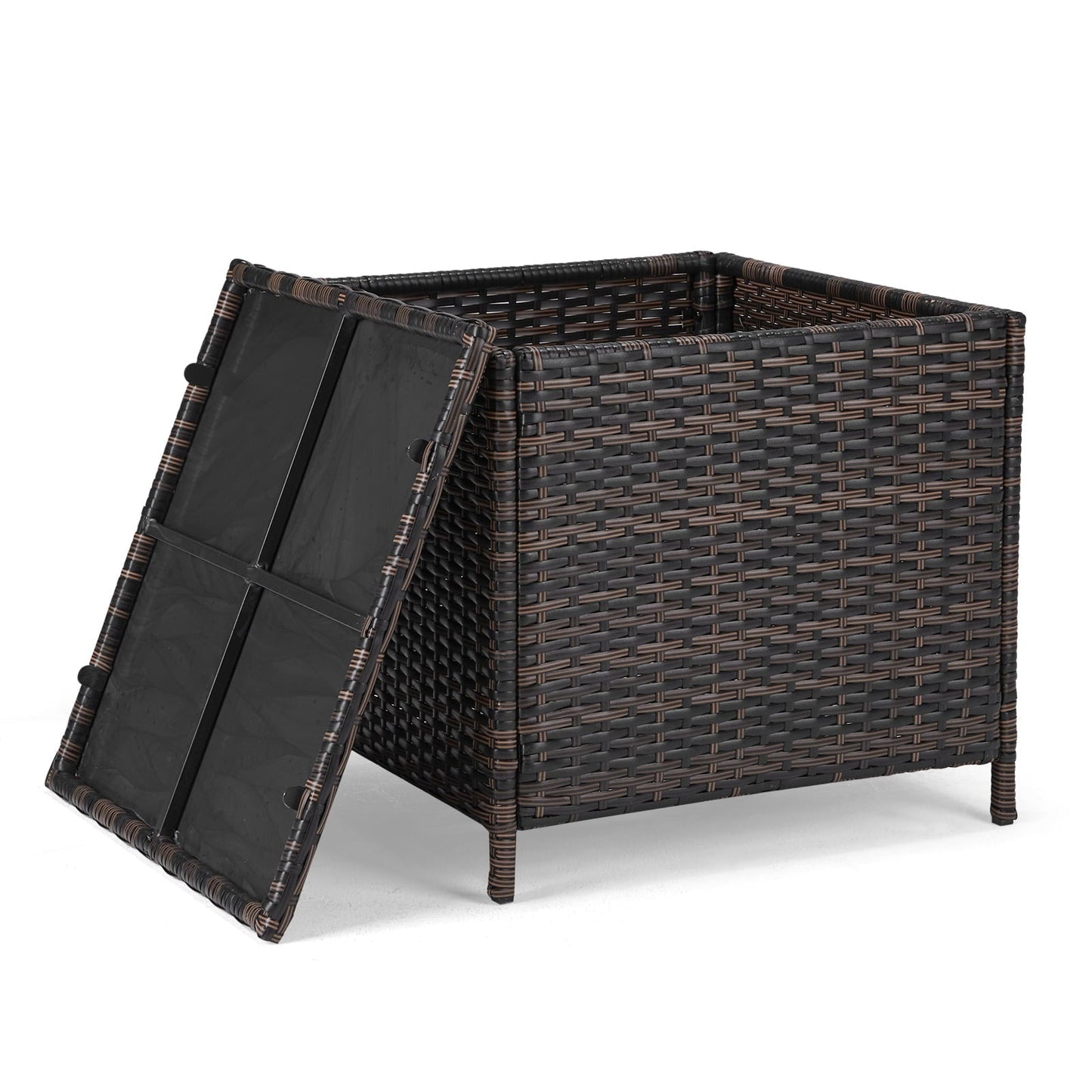 Buytoshop Outdoor PE Wicker Side Table with Storage, Patio Rattan End Table Square Container for Toys and Gardening Tools, Brown