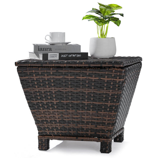 Buytoshop Outdoor PE Wicker Side Table with Storage, Small Patio Storage Bin Container for Hose Cushion Towel, Brown