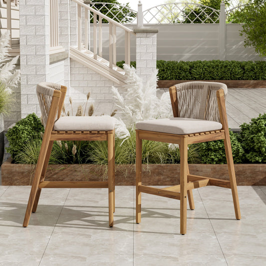 Christopher Knight Home 28" Outdoor Wood Bar Stool with Woven Rope Backrest and Removable Cushion, Beige
