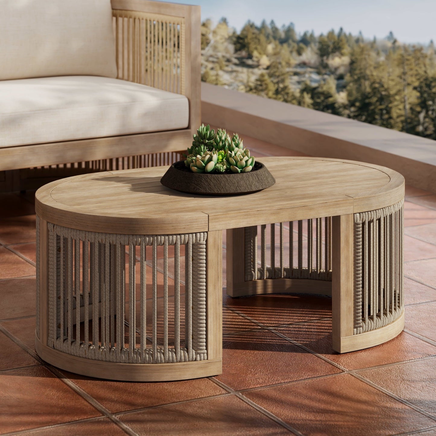 Christopher Knight Home 39.5" Outdoor Oval Coffee Table with Woven Rope Design, Light Teak