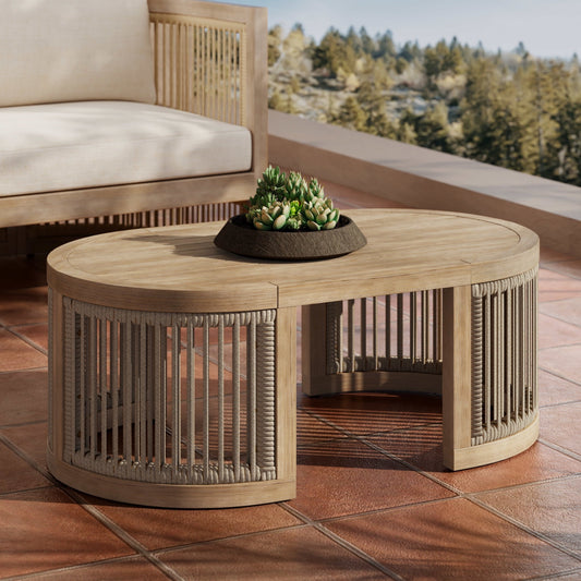 Christopher Knight Home 39.5" Outdoor Oval Coffee Table with Woven Rope Design, Light Teak