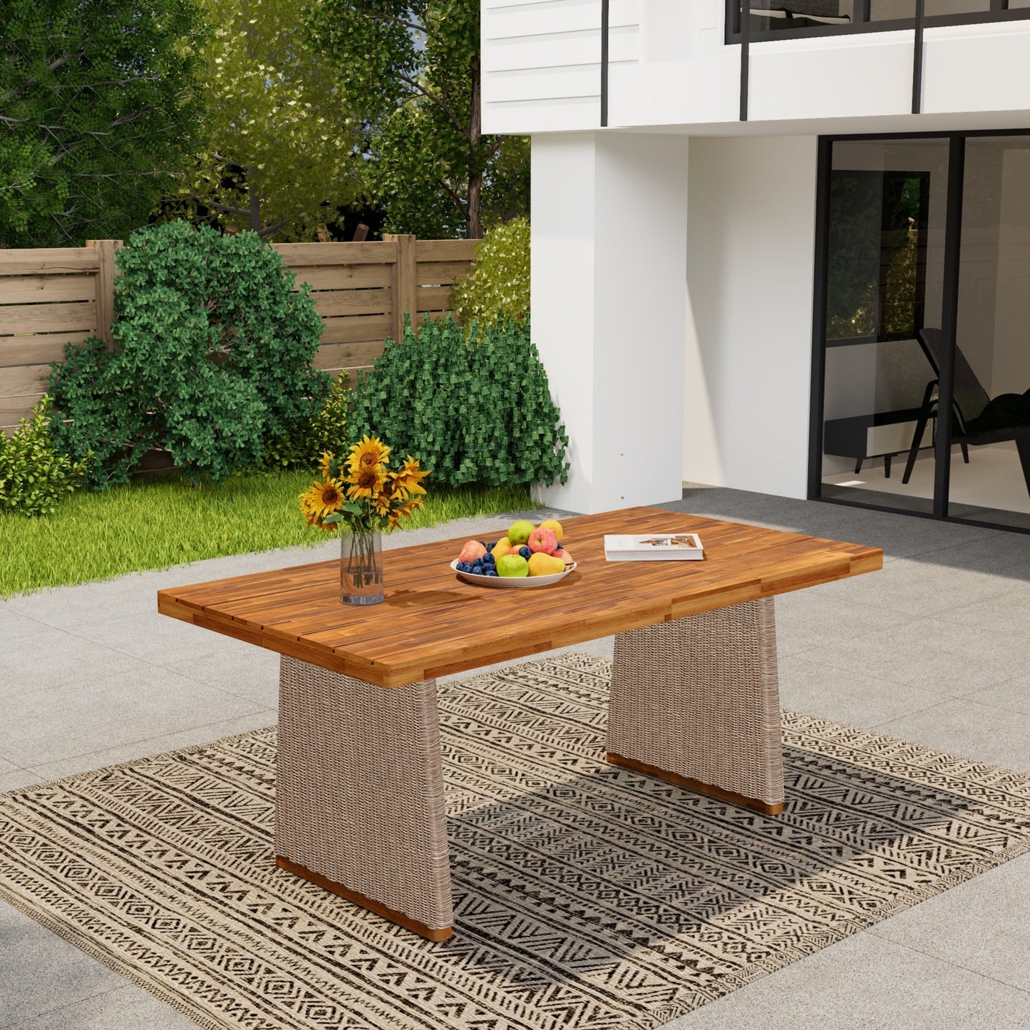 Christopher Knight Home 70" Outdoor Wood Rectangle Dining Table with Slatted Top and Rattan Legs, Brown