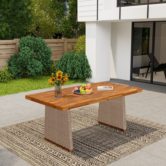 Christopher Knight Home 70" Outdoor Wood Rectangle Dining Table with Slatted Top and Rattan Legs, Brown