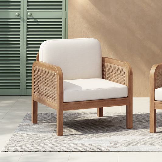 Christopher Knight Home Outdoor Wicker Lounge Chair, Patio Solid Wood Armchair with Cushion, Beige