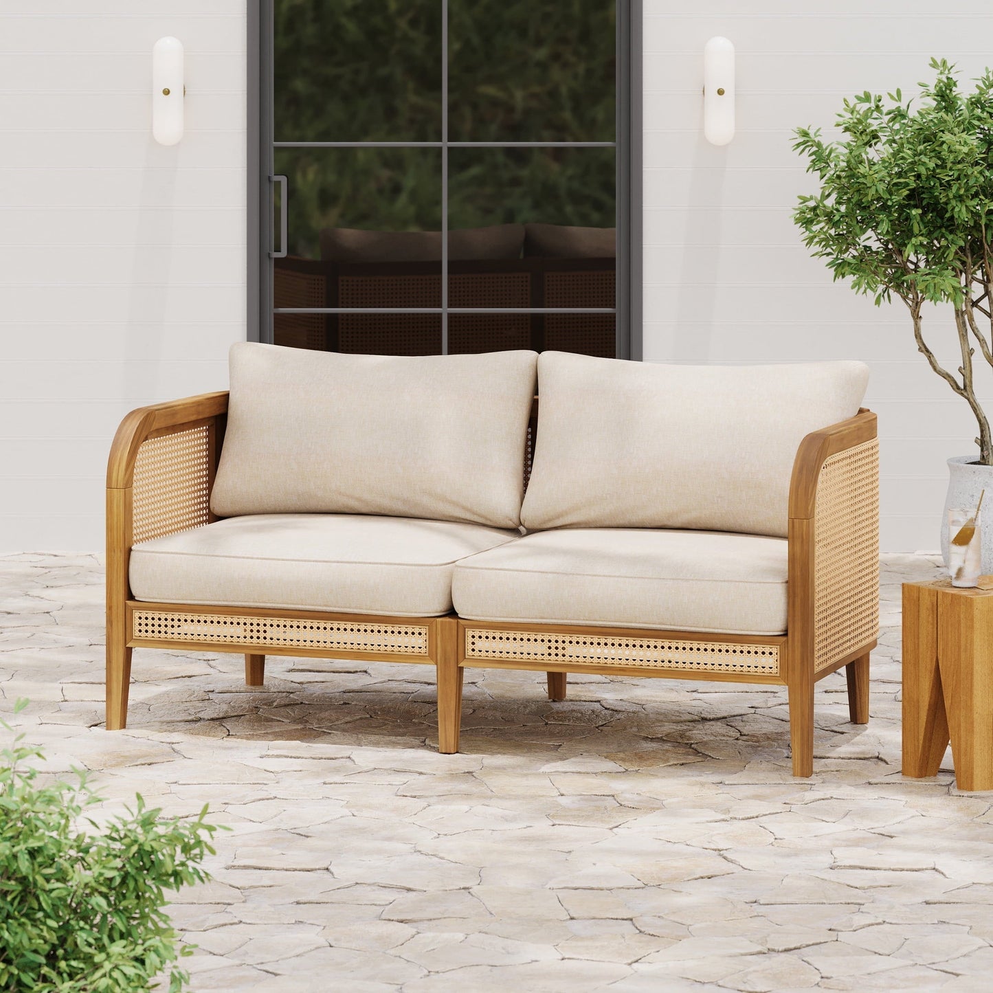 Christopher Knight Home Outdoor Wicker Sofa, Acacia Wood Frame with Cushions, Boho Patio Loveseat, Teak + Beige