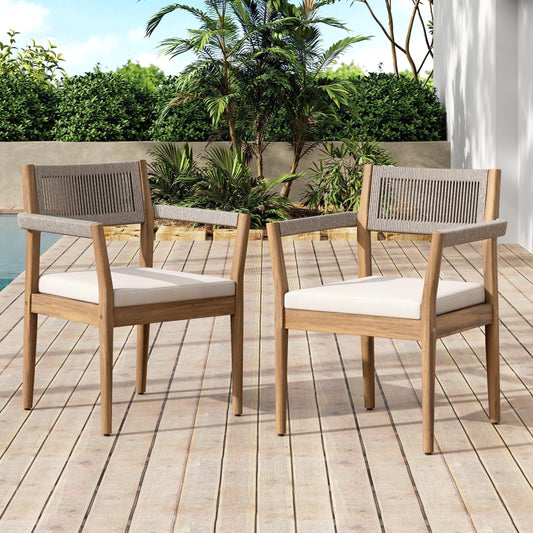 Christopher Knight Home Wood Outdoor Dining Chair with Cushion, Woven Rope Design, Teak+Cream, Set of 2