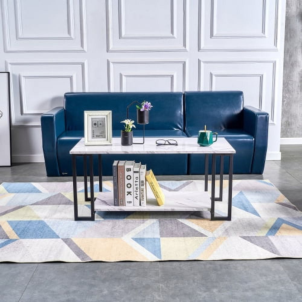 Coffee Table, 2 Layers 1.5Cm Thick Marble Mdf Rectangle 39.37" L Tabletop Iron Coffee Table , Dining Room, Coffee Shop, Resterant, White Top, Black Leg