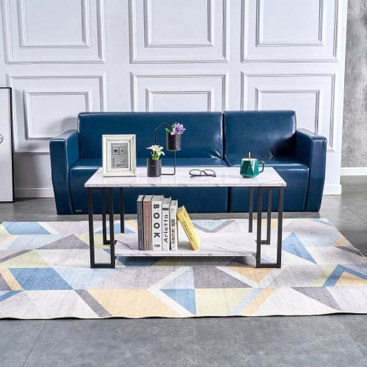 Coffee Table, 2 Layers 1.5Cm Thick Marble Mdf Rectangle 39.37" L Tabletop Iron Coffee Table , Dining Room, Coffee Shop, Resterant, White Top, Black Leg