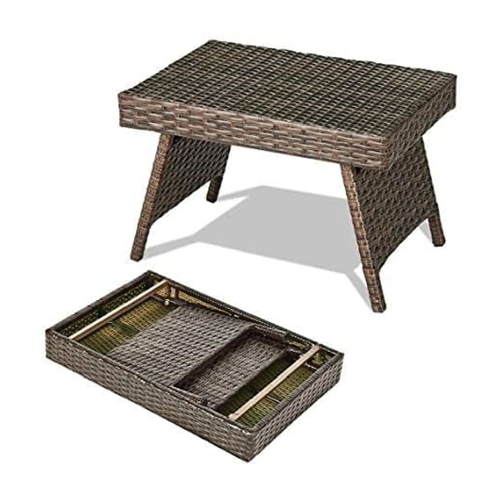 Coffee Table, Patio Side Table Rattan Wicker with Steel Frame and Foot Pads, Outdoor Foldable Portable Side Table for Garden, Poolside, Patio, Balcony, Yard, Lawn