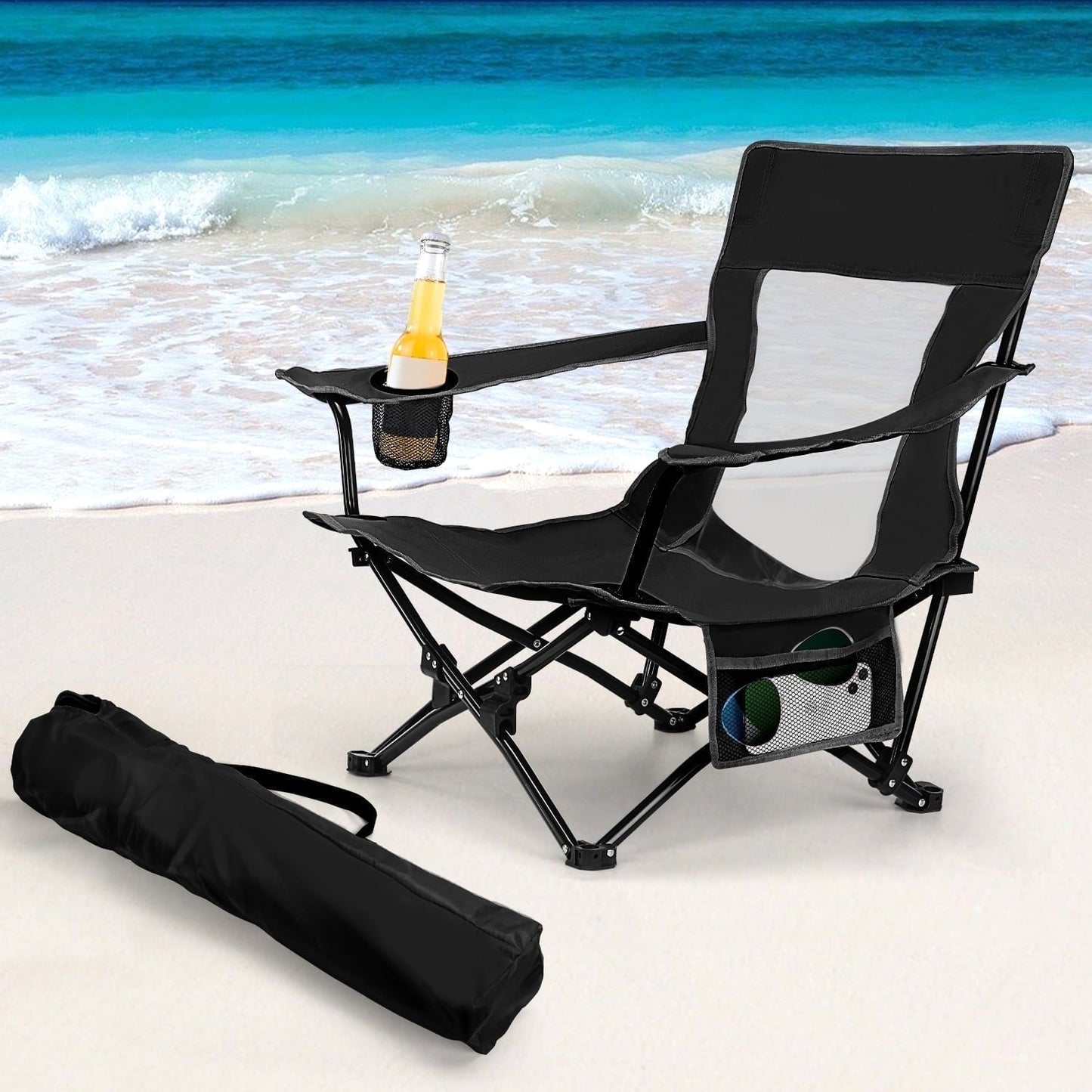 Joyfair Folding Backpack Beach Chair, Black Compact Lightweight Camping Chair with Carry Bag Cup Holder, Small Outdoor Reclining Low-Profile Travel Chair for Adult, Heavy-Duty