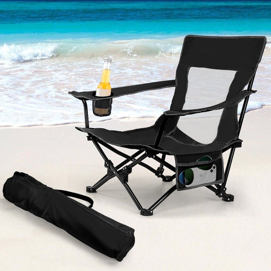 Joyfair Folding Backpack Beach Chair, Black Compact Lightweight Camping Chair with Carry Bag Cup Holder, Small Outdoor Reclining Low-Profile Travel Chair for Adult, Heavy-Duty