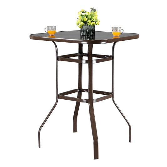 Commercial Grade Wrought Iron Bar Table 40" Height - 5mm Tempered Glass Top Patio Counter Table with Double Ring Frame, Matte Brown, 200lb Capacity