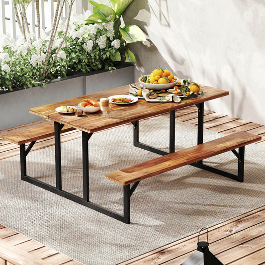 Costway 6-Person Acacia Wood Picnic Table with 2 Built-In Benches Umbrella Hole Metal Frame