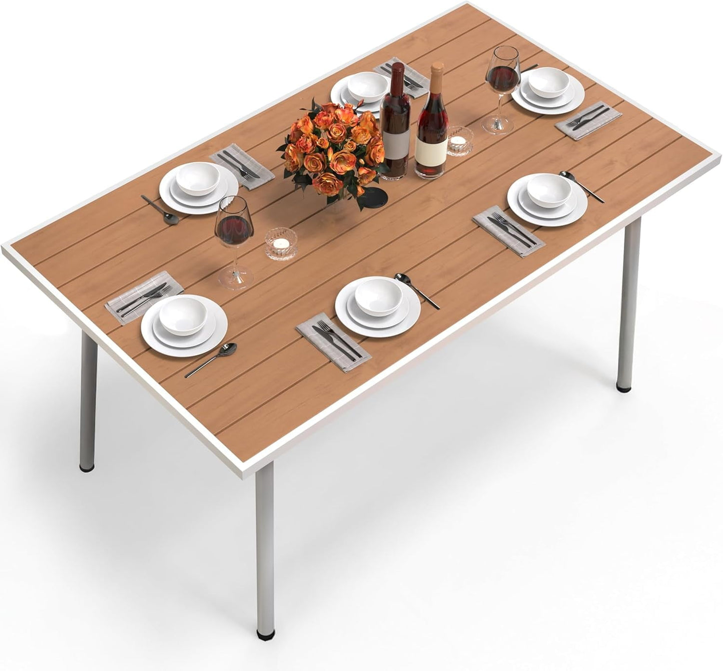 Craftian PE Rattan and Wood Outdoor Patio Dining Table with 2.2" Umbrella Hole for 6, Steel Frame, Adjustable Legs, Weather-Resistant Garden Table