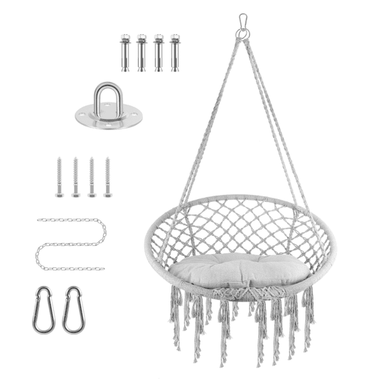 Gray Hanging Chair, Gentle Support Cushion, Breathable Seat, Rust-Resistant Steel, Lightweight 11.7 lbs, Hanging Cotton Rope Chair, Kids Room, Bedroom, Courtyard, Lawn