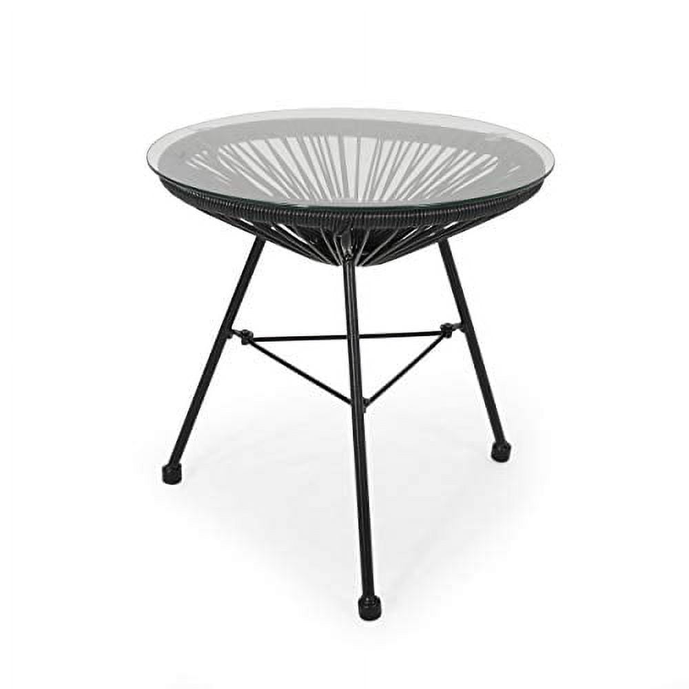Great Deal Furniture Christina Outdoor Modern Faux Rattan Side Table with Tempered Glass Top, Black