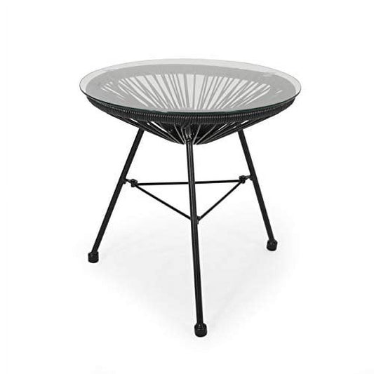 Great Deal Furniture Christina Outdoor Modern Faux Rattan Side Table with Tempered Glass Top, Black