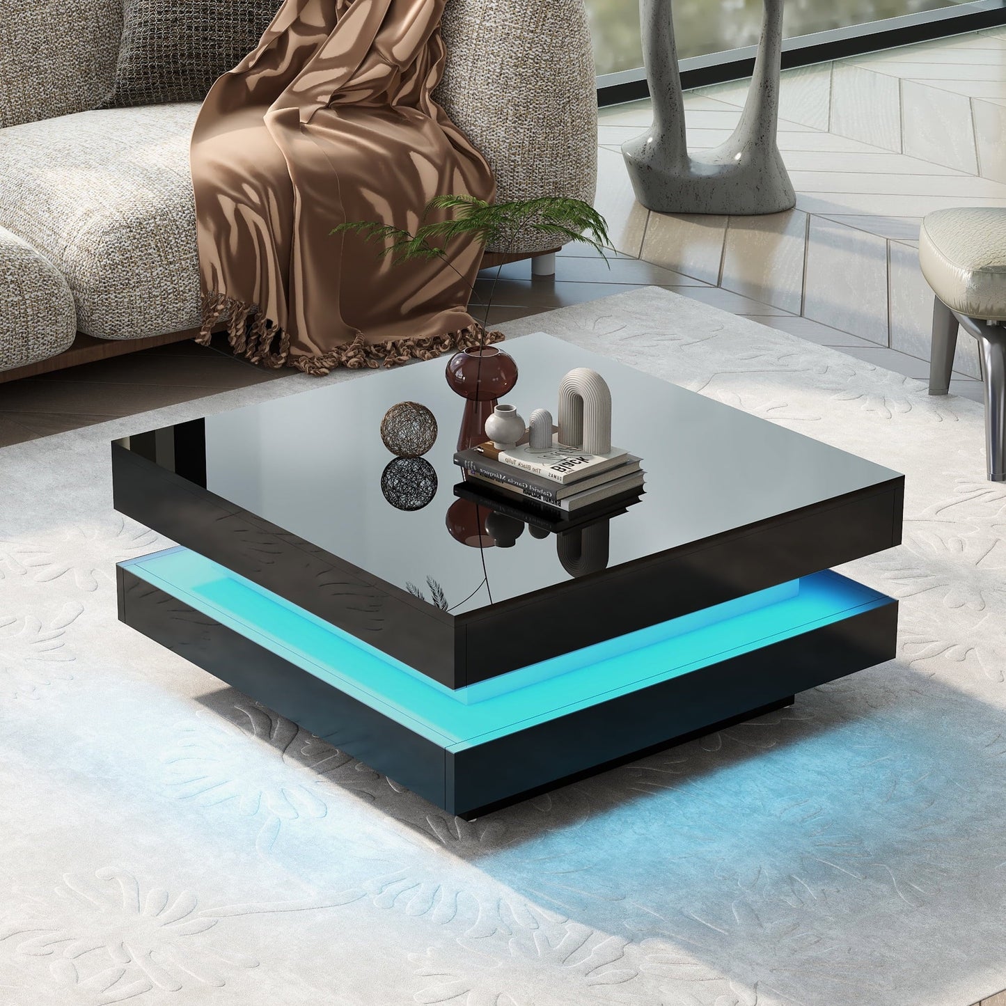 High Gloss Minimalist Design with LED Lights, 2-Tier Square Coffee Table, Center Table for Living Room