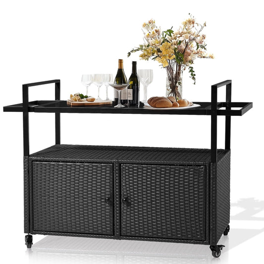 HiiKaa Large Outdoor Kitchen Wicker Island,Rolling Cart & Patio Bar Table with Wheels and Black Glass Table Top for Backyard,Poolside,Black