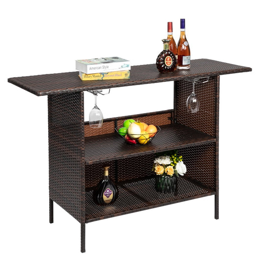 HiiKaa Patio Wicker Bar Table,Outdoor Rattan Counter Table with Steel Storage Shelves & Wine Rack for Party,Picnic,Poolside and Backyard,Brown
