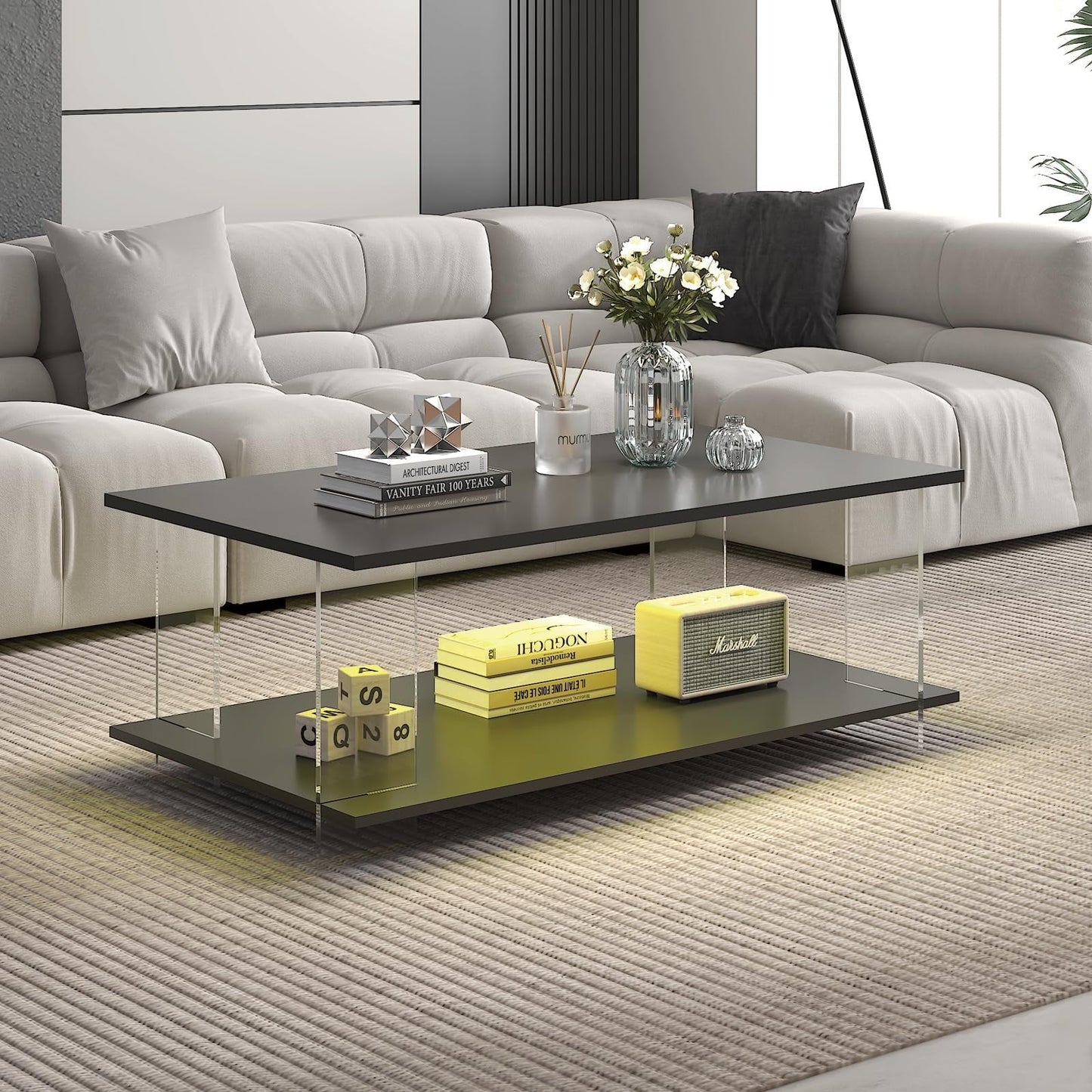 Hironpal 43" Acrylic Coffee Table with Black Wood Top, Minimalist Stylish Modern Rectangular Center Tables for Living Room, Led Living Room Table with Storage Shelf & Acrylic Frame for Small Space