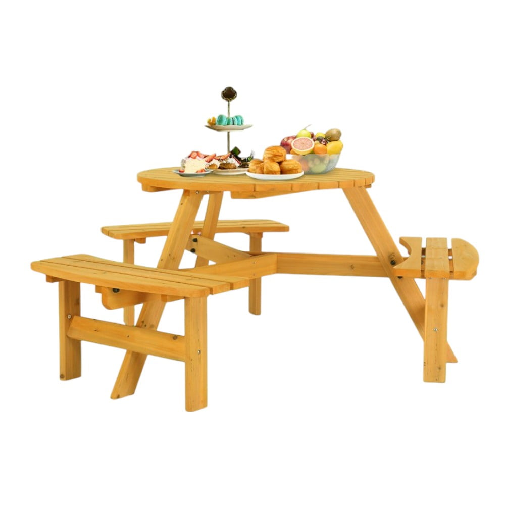 IVV 6-Person Round Wooden Picnic Table with 3 Built-In Benches, Outdoor Patio Dining Table with 2" Umbrella Hole, Fir Wood Picnic Table for Garden, Backyard, Park (Natural)