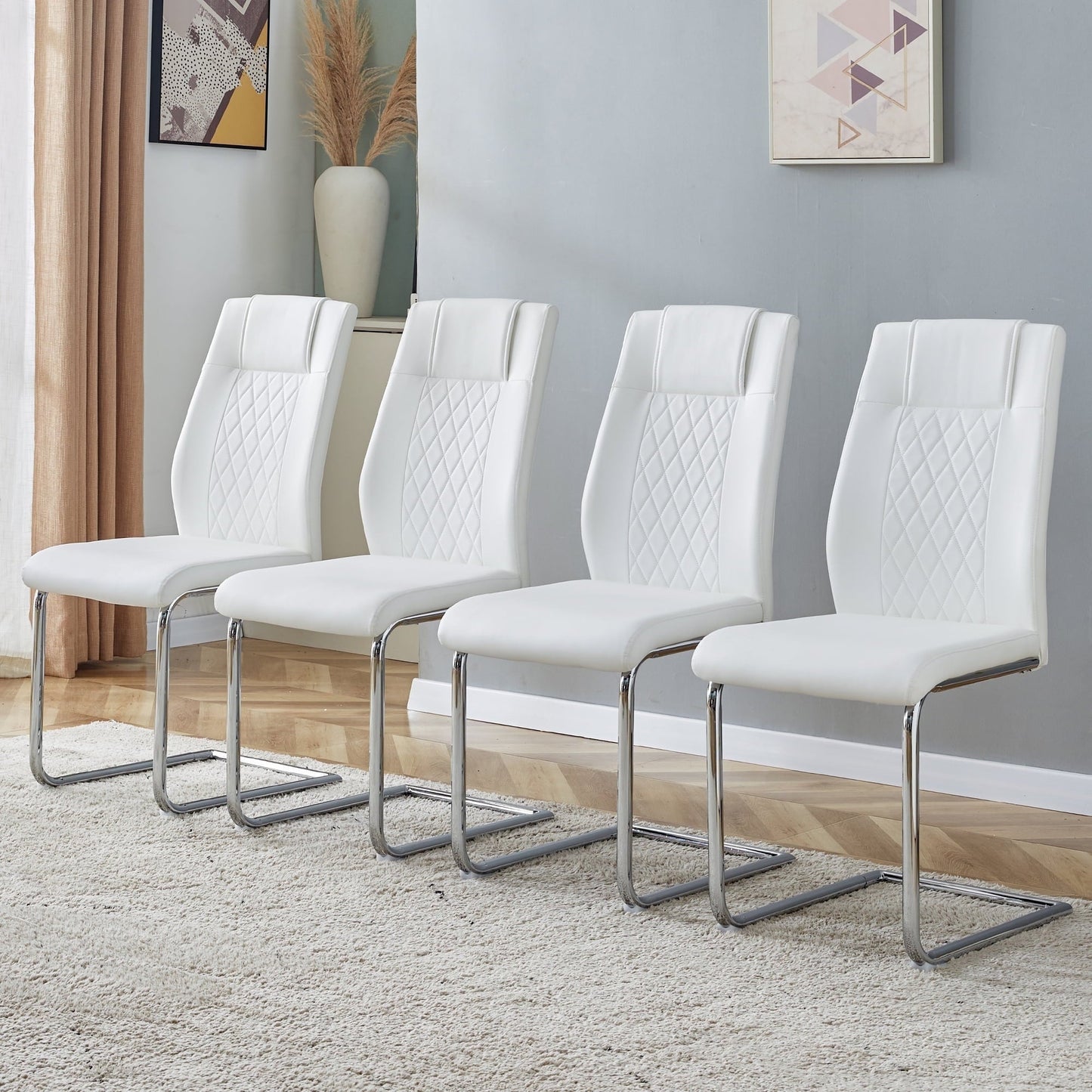 JUFU Modern White Dining Chairs Set of 4, Faux Leather High Back with Chrome Legs