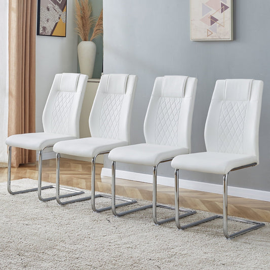 JUFU Modern White Dining Chairs Set of 4, Faux Leather High Back with Chrome Legs