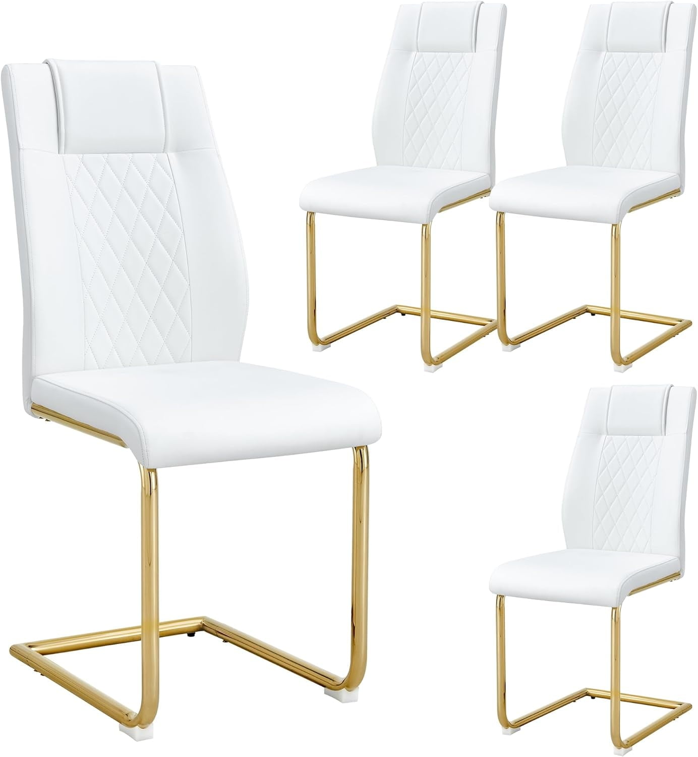 JUFU Set of 4 White Faux Leather Dining Chairs with Gold Metal Legs, Upholstered High Back Chairs for Dining Room Kitchen