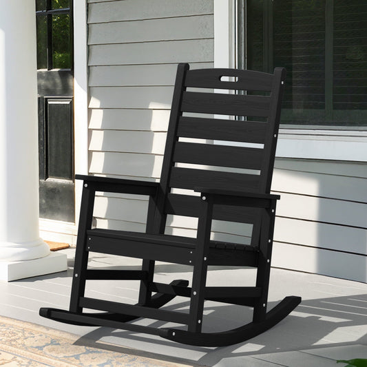 JUSTLET Outdoor Rocking Chair with Footrest, High Back HDPE Oversized Adirondack Slat Rocker for Patio,Garden,Lawn,Balcony, Black