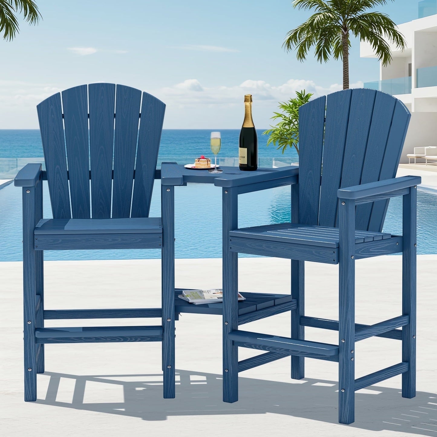 JUSTLET Tall Adirondack Chair Set of 2 with Double Connecting Tray, HDPE Outdoor Weather Resistant Patio Bar Stools, Navy Blue