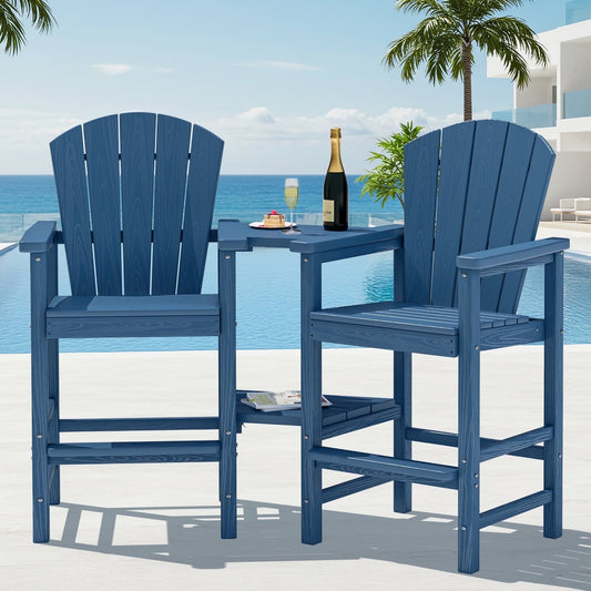 JUSTLET Tall Adirondack Chair Set of 2 with Double Connecting Tray, HDPE Outdoor Weather Resistant Patio Bar Stools, Navy Blue