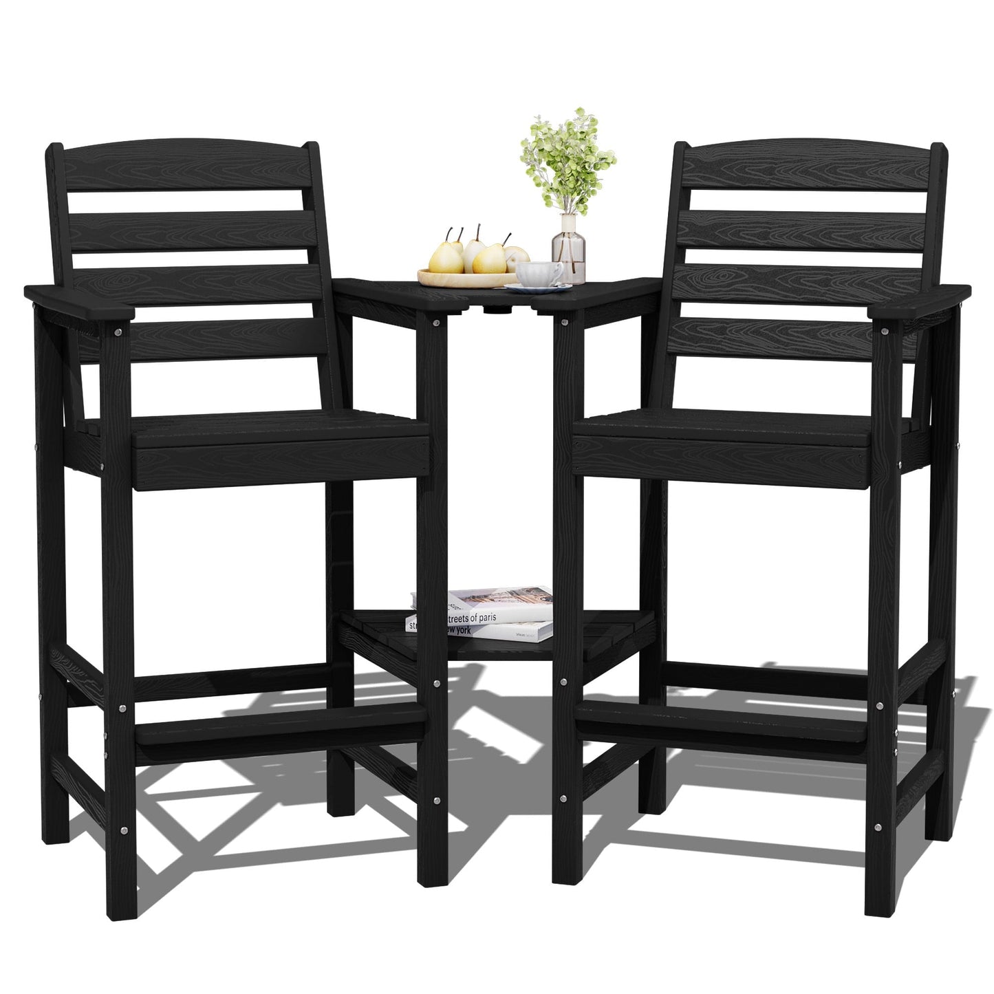 JUSTLET Tall Adirondack Chair Set of 2 with Double Connecting Tray, HDPE Outdoor Weather Resistant Patio Bar Stools for Patio, Balcony, Porch, Black