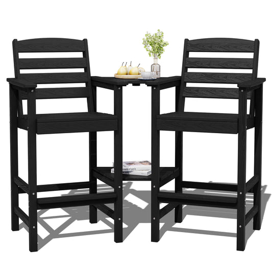 JUSTLET Tall Adirondack Chair Set of 2 with Double Connecting Tray, HDPE Outdoor Weather Resistant Patio Bar Stools for Patio, Balcony, Porch, Black