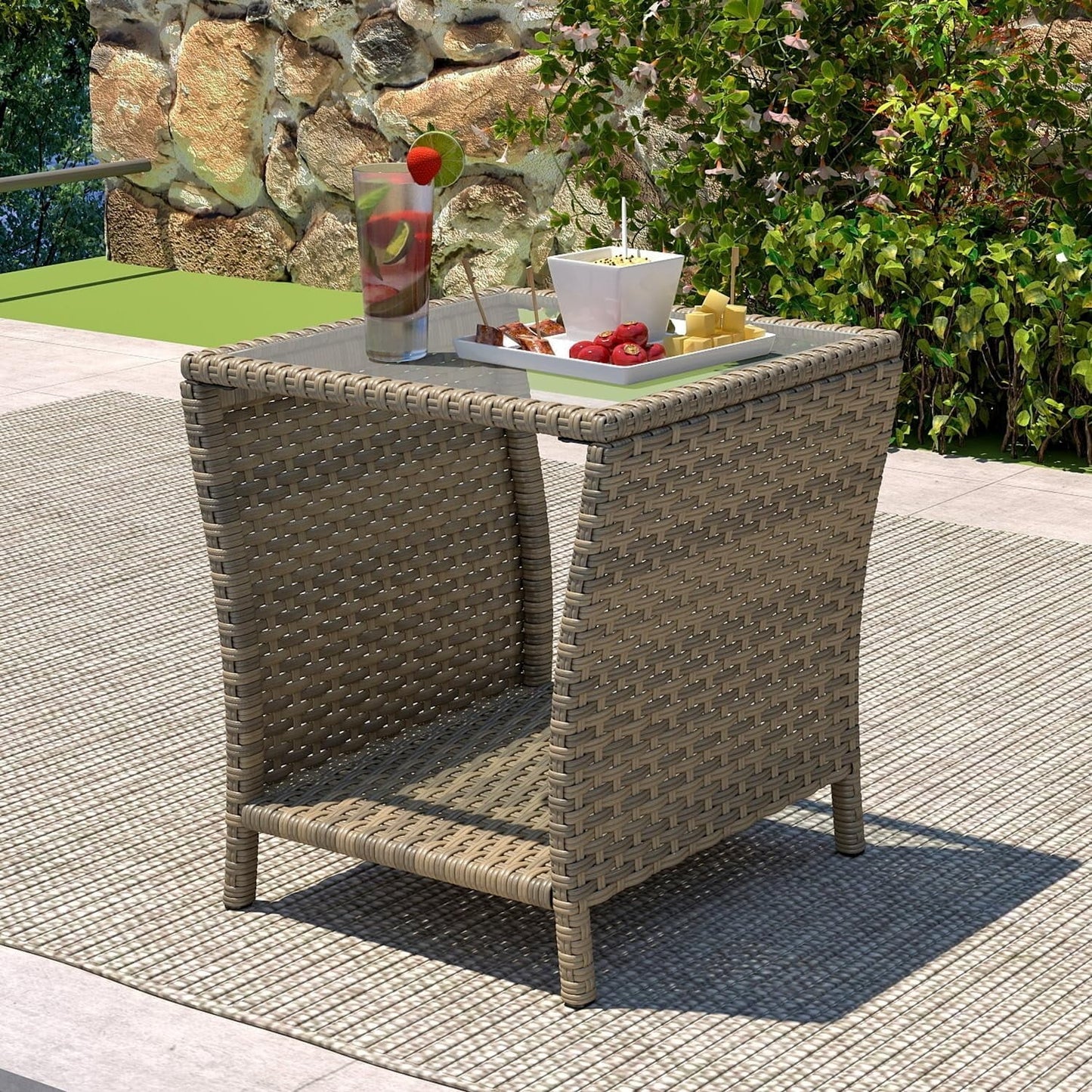 Kinbor Small Patio Table, Tempered Glass Top Outdoor Wicker Side Table with Storage Shelf, Durable PE Rattan & Iron Frame, Mixed Dark Brown