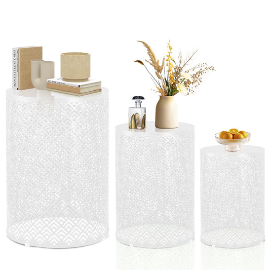 Ktaxon Set of 3 Nesting Stackable Patio Accent Tables, Round Barrel Shape Metal Frame Indoor Outdoor, 12/14/16 in, White