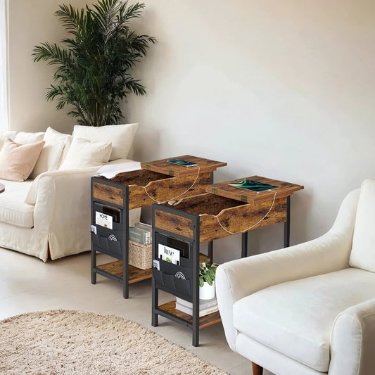 LEDREM 2pcs Side Tables with Storage, Nightstands End Tables for Small Spaces, Rustic Brown