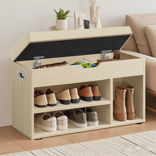 LEDREM Shoe Storage Bench with Cushion, Shoe Organizer with Compartment Open Shelf, Beige