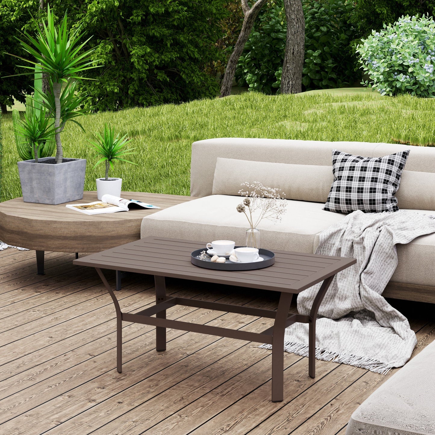 LEIYY Outdoor Coffee Table, All-Weather Rectangle Metal Patio Coffee Table with Slatted Tabletop for Outside, Patio, Garden, Balcony, Backyard,Brown