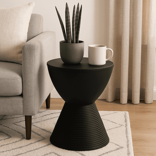 LeisureMod Ribbed Hourglass Side Table with Storage – ABS Drum Accent Table, Removable Lid, Indoor/Outdoor Use – Boyd Series