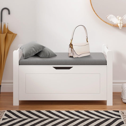 35"" White Entryway Storage Bench with Cushion - Wooden Toy Box with Safety Hinges, Shoe Bench for Living Room & Bedroom