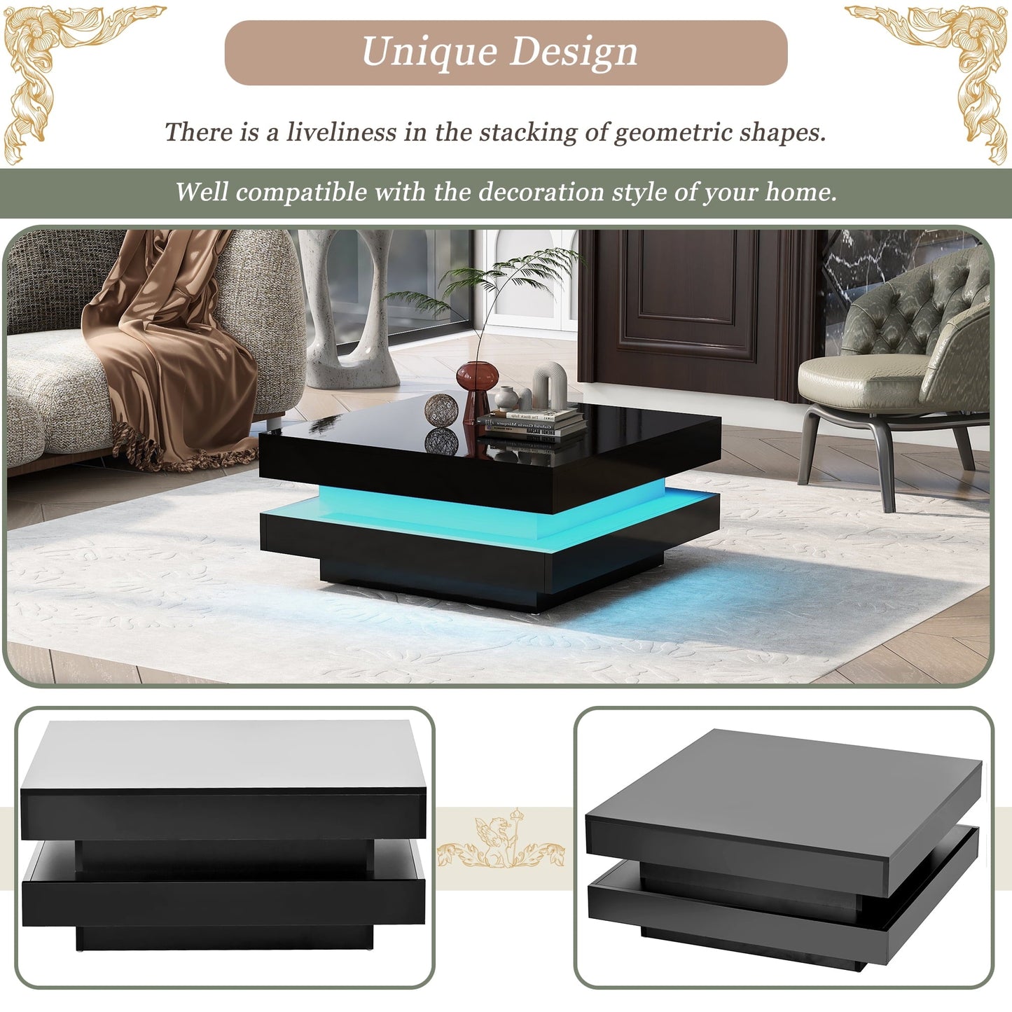 High Gloss Minimalist Design with LED Lights, 2-Tier Square Coffee Table, Center Table for Living Room