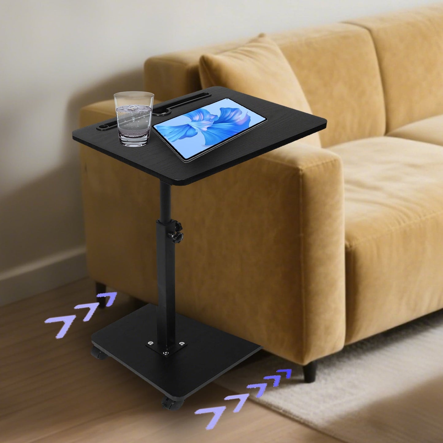 KFeng C-Shape Swivel End Table - Height Adjustable for Couch/Bed/Chair  (Black,Wheel)