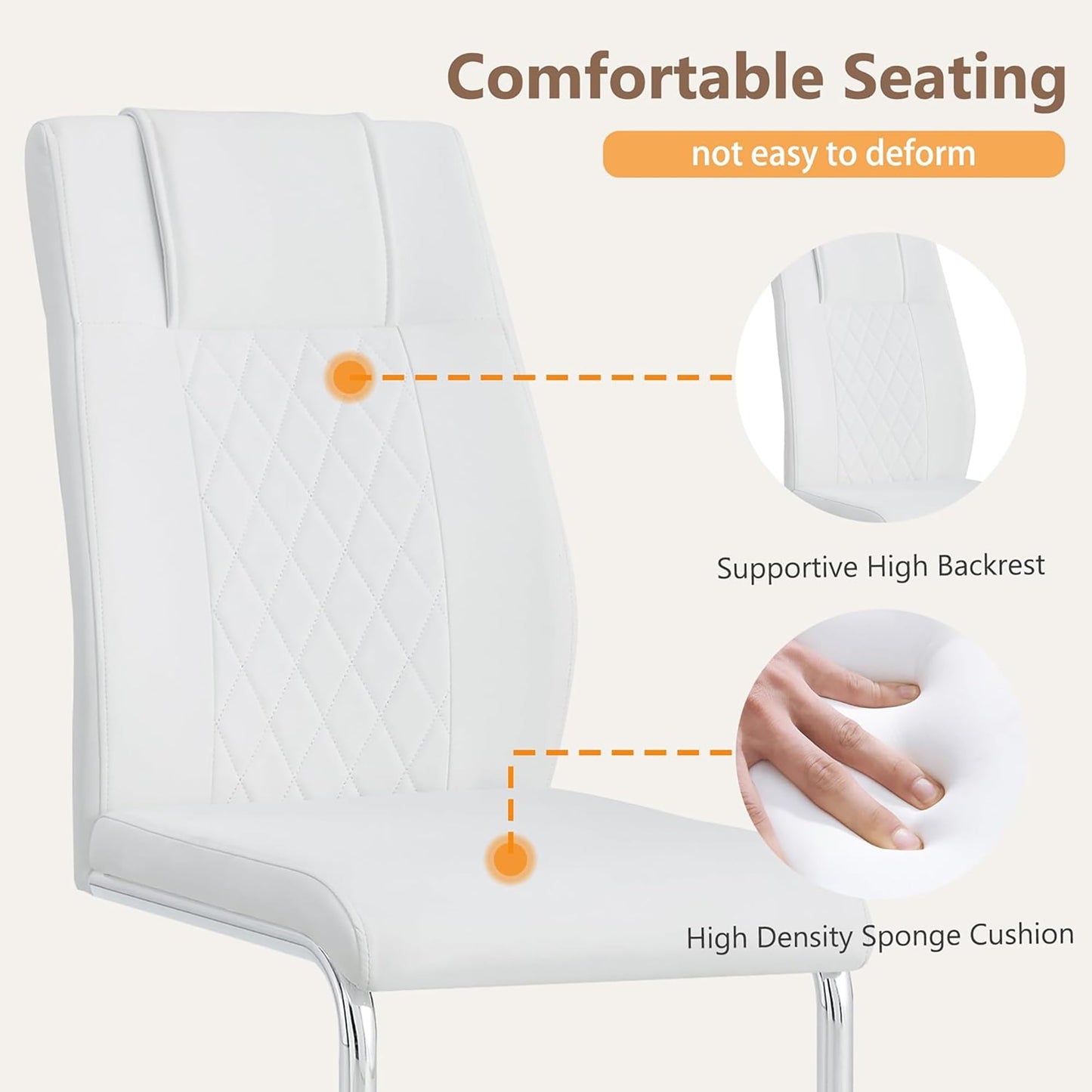 JUFU Modern White Dining Chairs Set of 4, Faux Leather High Back with Chrome Legs