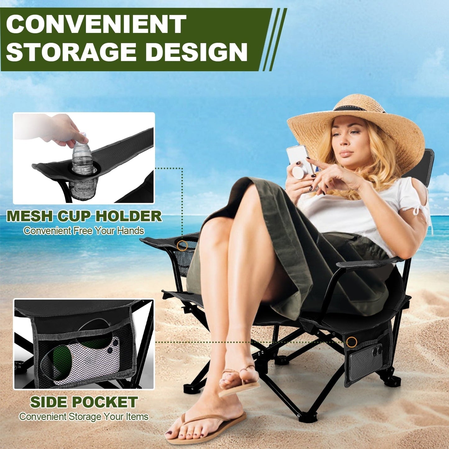 Joyfair Folding Backpack Beach Chair, Black Compact Lightweight Camping Chair with Carry Bag Cup Holder, Small Outdoor Reclining Low-Profile Travel Chair for Adult, Heavy-Duty