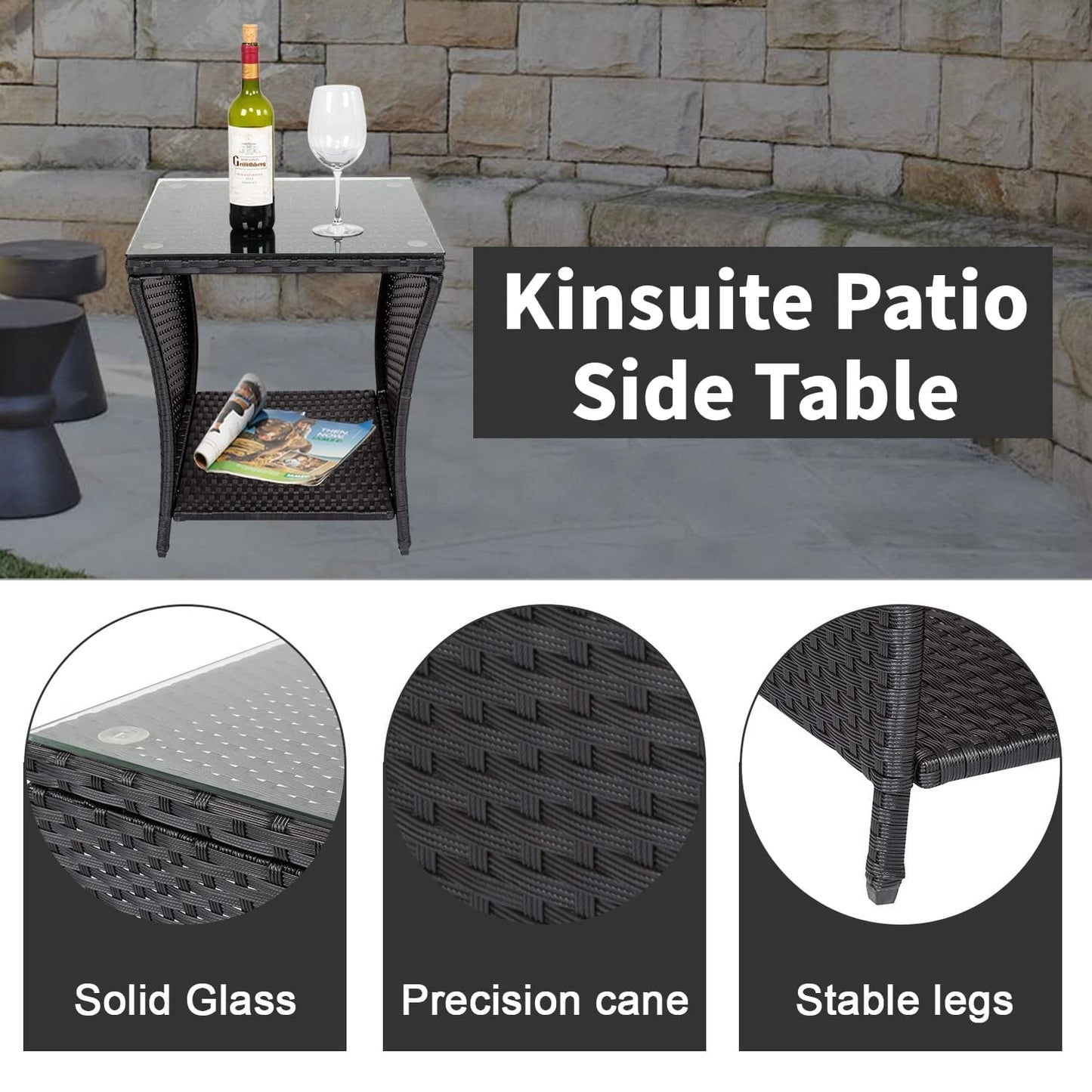 Kinsuite PE Rattan Patio Side Table - Outdoor Wicker End Table with Glass Top, Rattan Coffe Table in Iron Frame for Backyard Balcony Poolside, Black