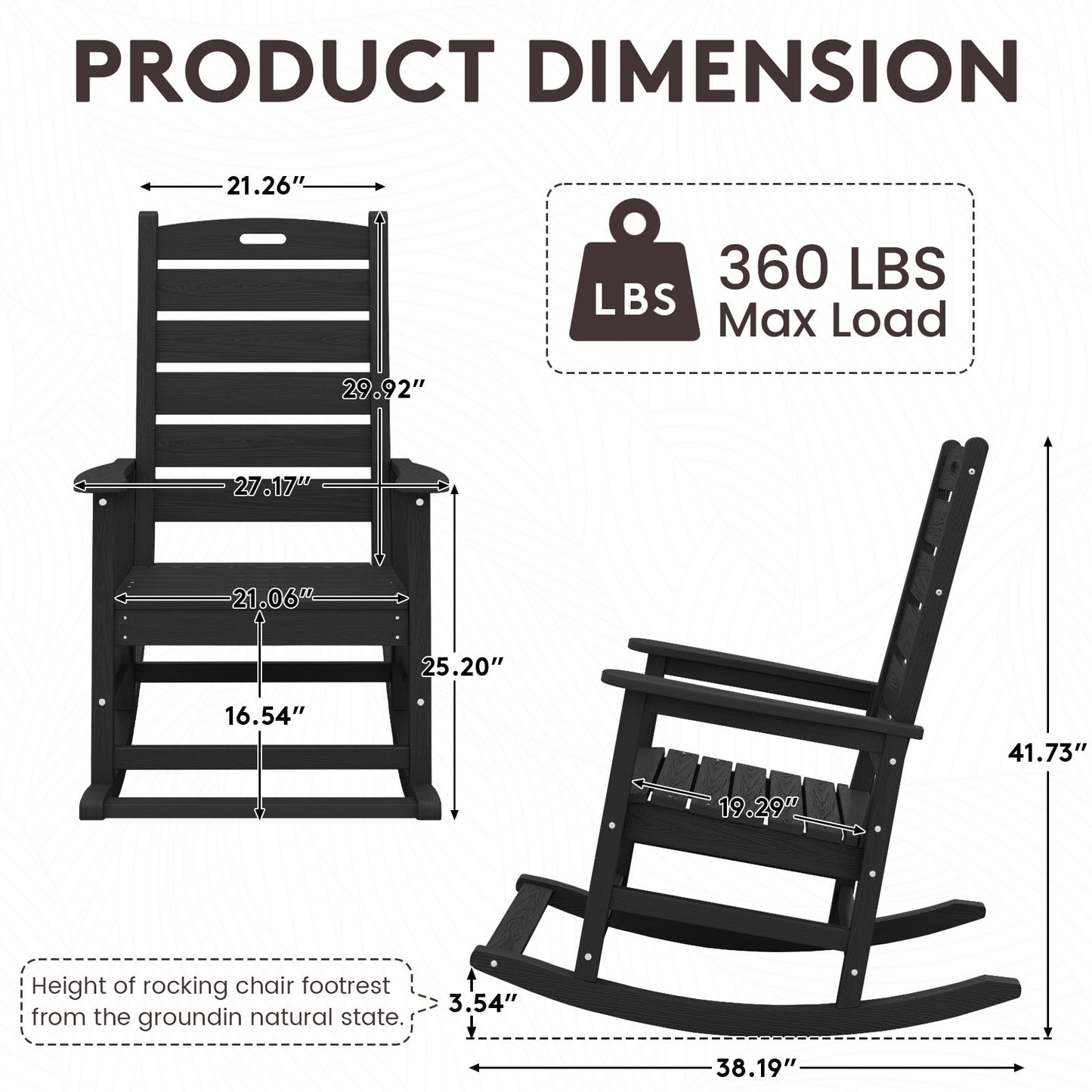 JUSTLET Outdoor Rocking Chair with Footrest, High Back HDPE Oversized Adirondack Slat Rocker for Patio,Garden,Lawn,Balcony, Black